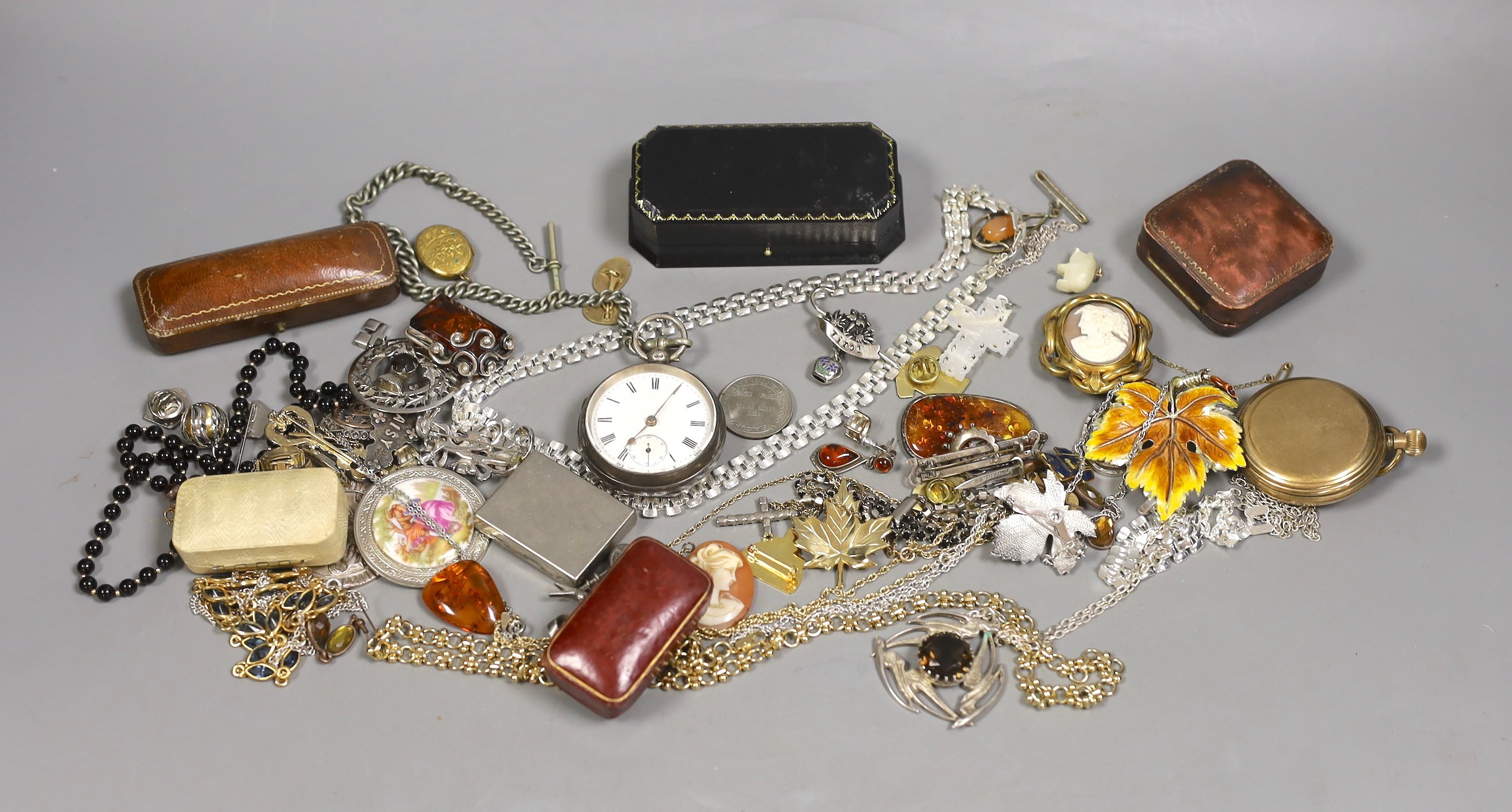 A quantity of assorted costume jewellery and other items including jewellery boxes, a silver open faced pocket watch and a gold plated pocket watch.